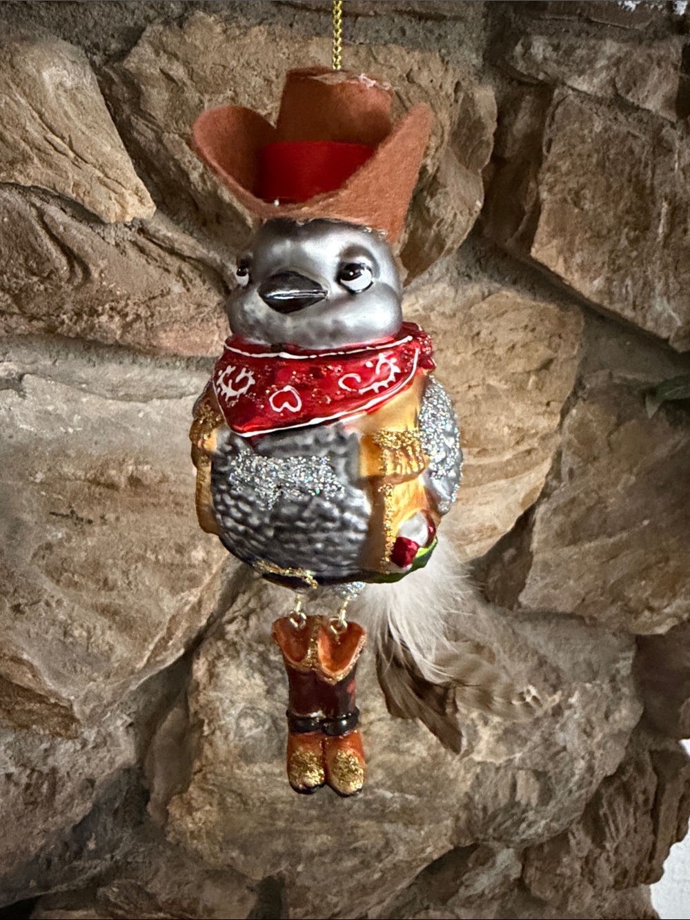 Cowboy Bird Glass Ornament - Red Bandana, Brown Hat & Boots